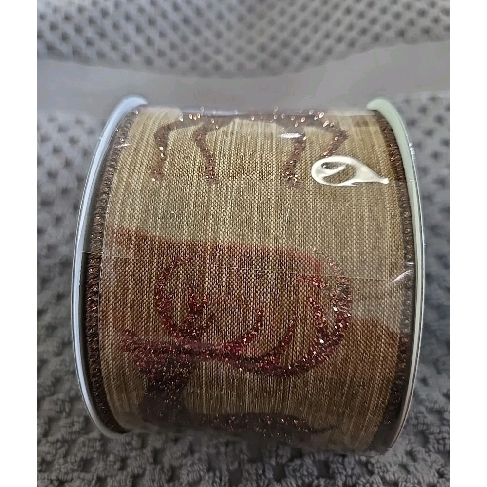 Expressions Christmas Ribbon Wired Edge Copper Glitter Reindeer Tan 2.5in x 10yd - Picture 4 of 4